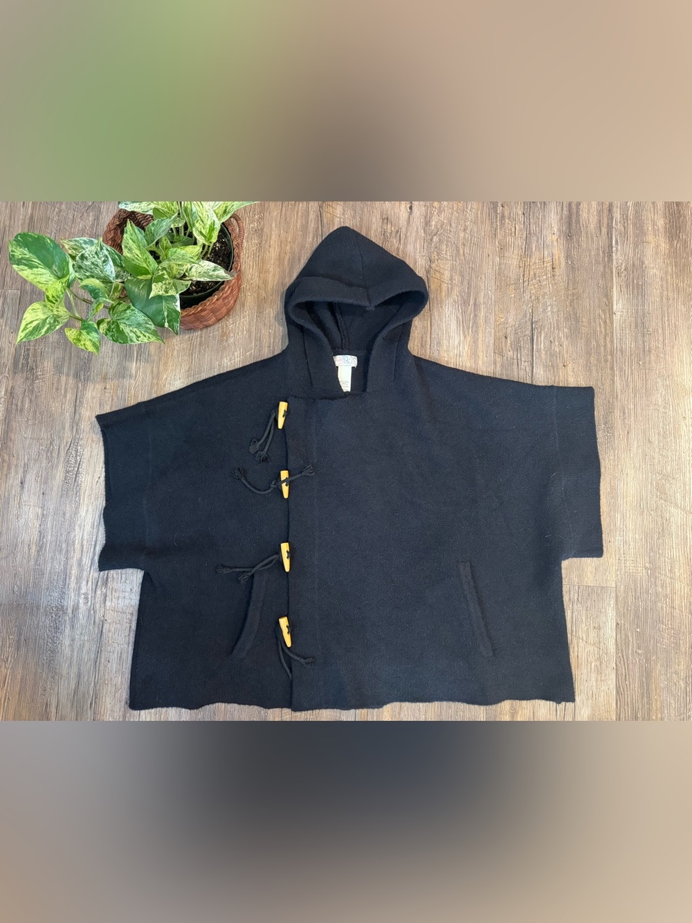 Free People Toggle Poncho In Black Hooded OS One Size - Picture 2 of 8